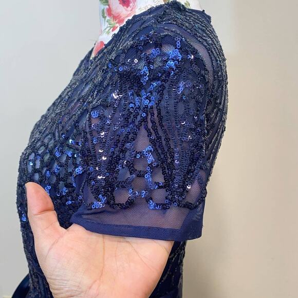 R&M Richards Navy Blue Sequin Satin Waist Belted  Party Cocktail Maxi  Dress 8us - Picture 7 of 14
